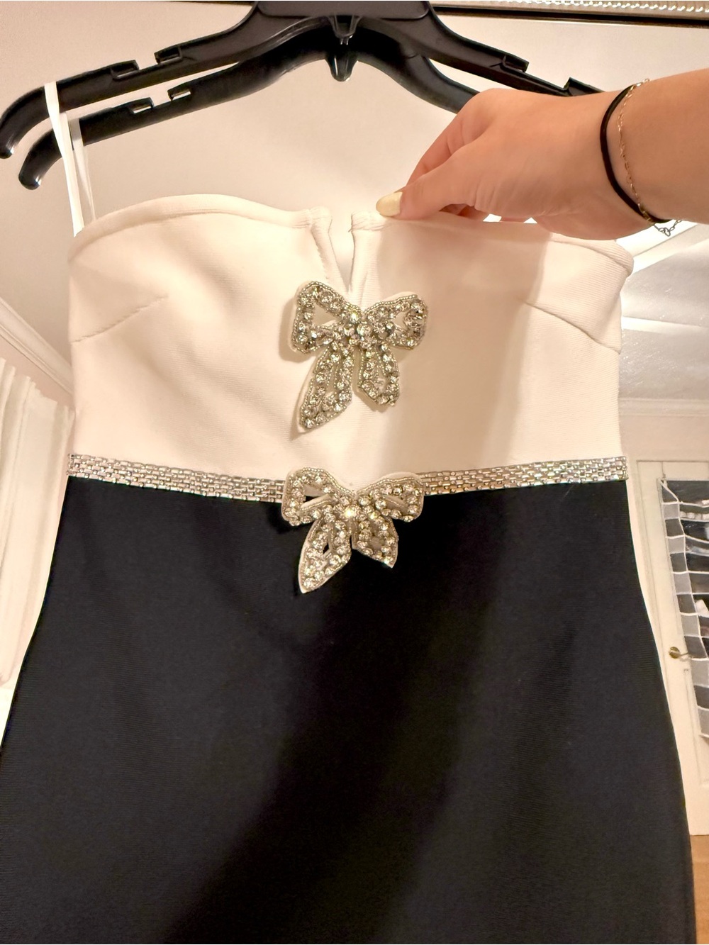 Black and White Strapless Dress with Crystal Bow Detail